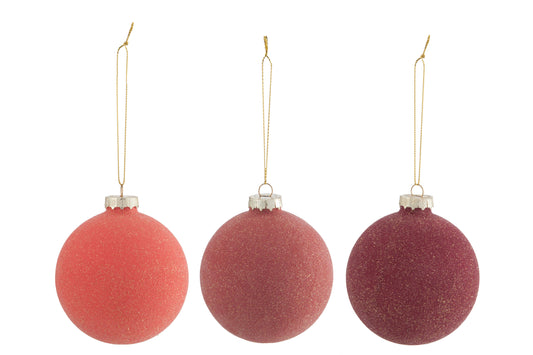 CHRISTMAS BAUBLE GLITTER GLASS LIGHT RASPBERRY /DARK RASPBERRY/CORAL ASSORTMENT OF 3