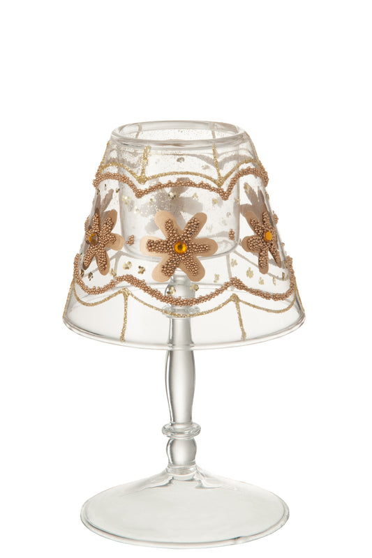 TEALIGHT HOLDER FLOWER GLASS CLEAR/GOLD SMALL