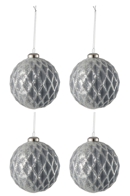 BOX OF 4 CHRISTMAS BAUBLE DIAMOND-PATTERNED GLASS ANTIQUE GREY LARGE