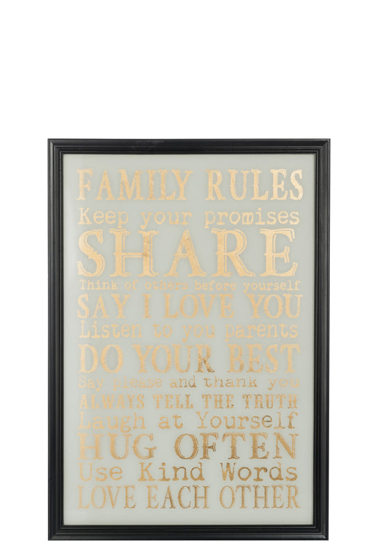 PLACCARD FAMILY RULES WHITE/GOLD/BLACK