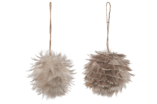 BALL HANGING FEATHERS GREY/BEIGE ASSORTMENT OF 2