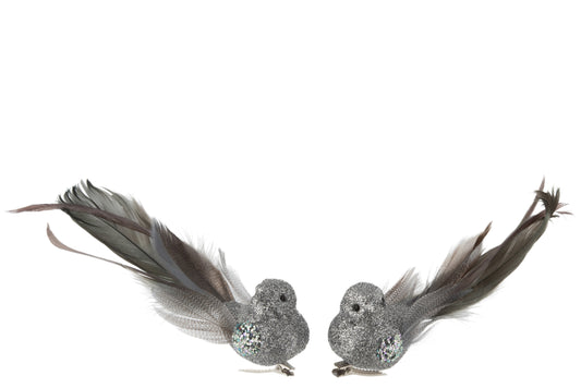 BIRD+CLIP FEATHERS GLITTER GREY SMALL ASSORTMENT OF 2