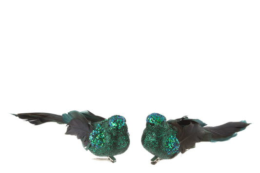 BIRD+CLIP FEATHERS GLITTER GREEN ASSORTMENT OF 2