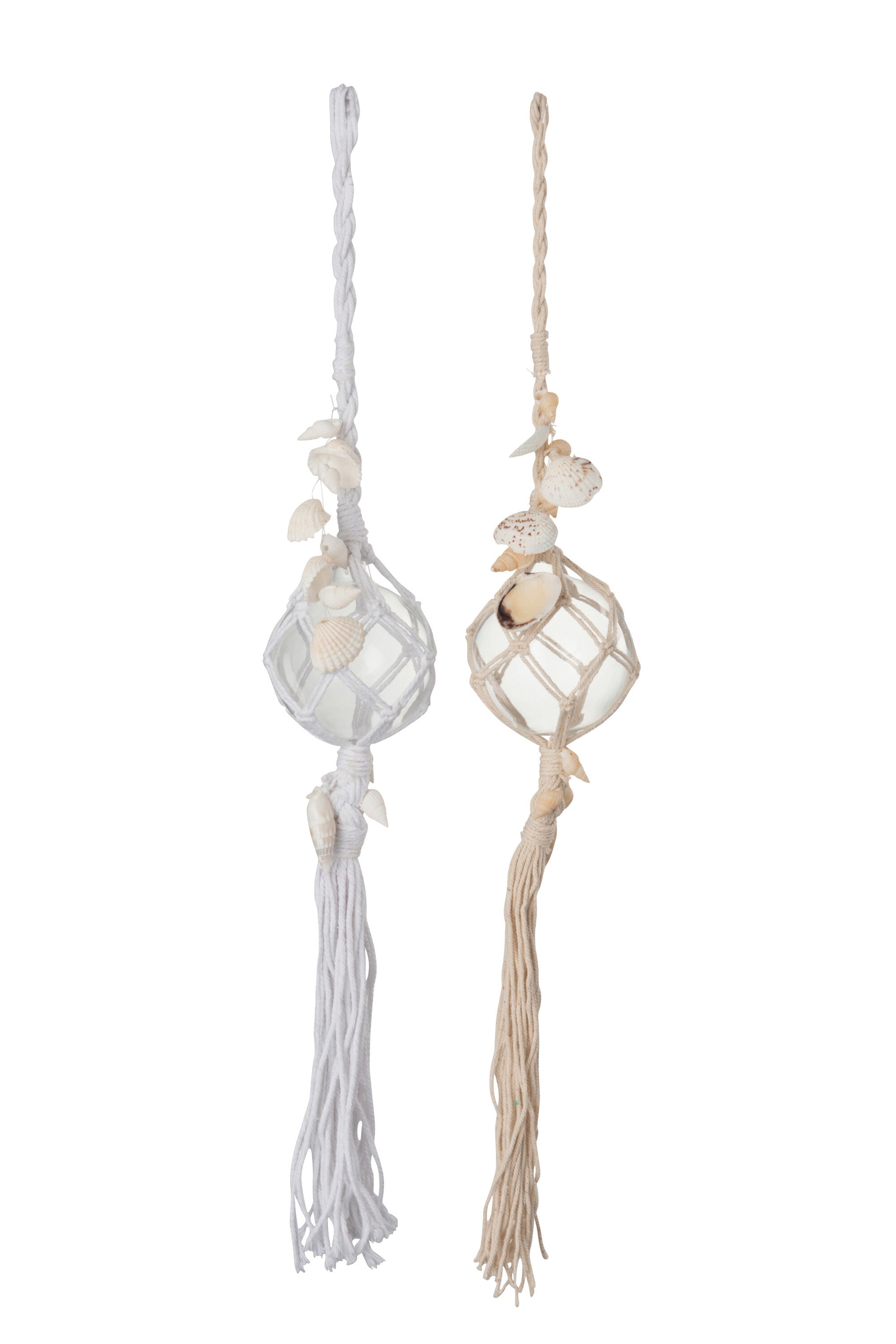 BALL DECO HANGER+TASSEL GLASS WHITE/BEIGE ASSORTMENT OF 2