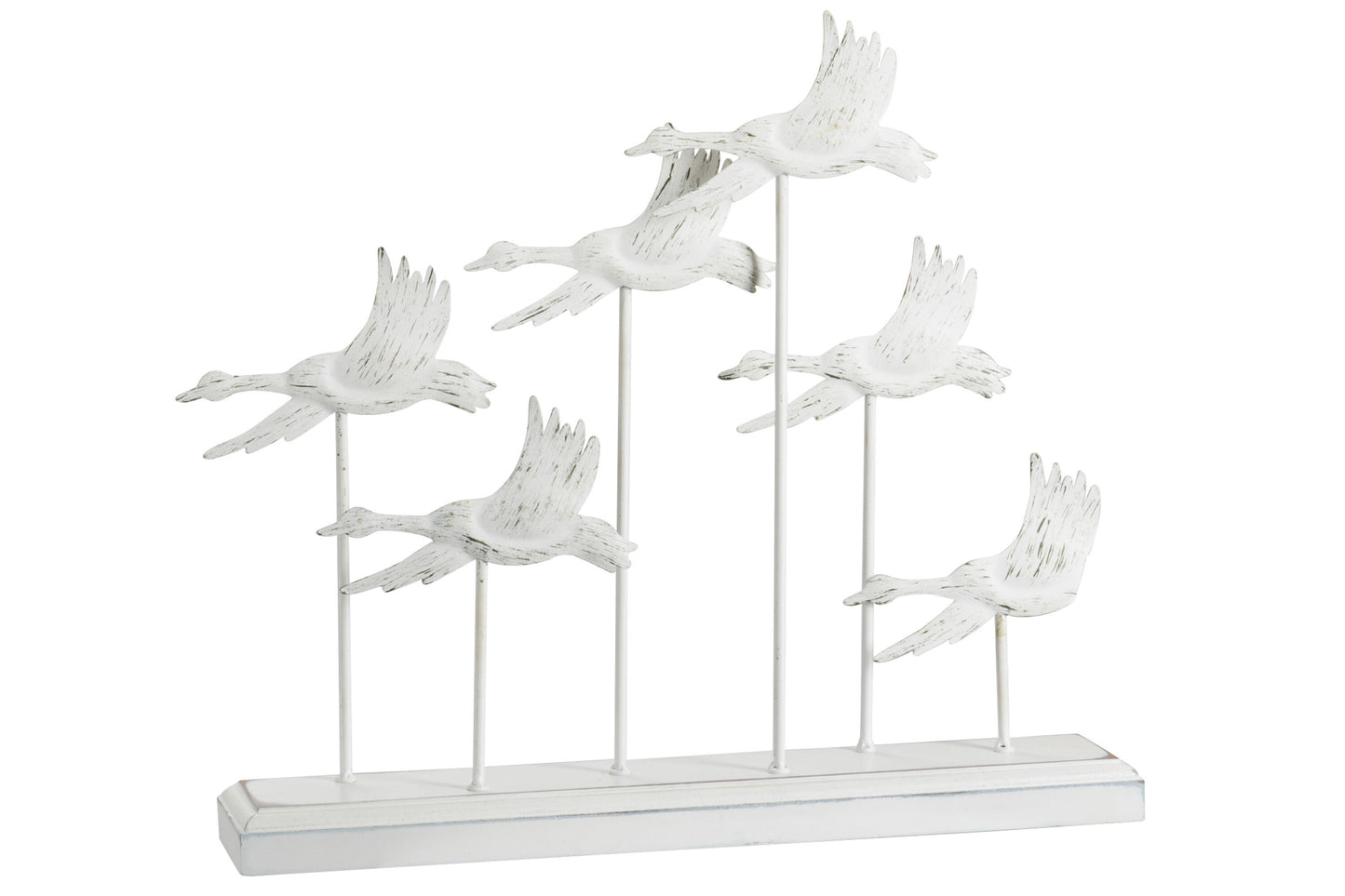 BIRDS ON BASE 6 GEESE METAL ANTIQUE WHITE