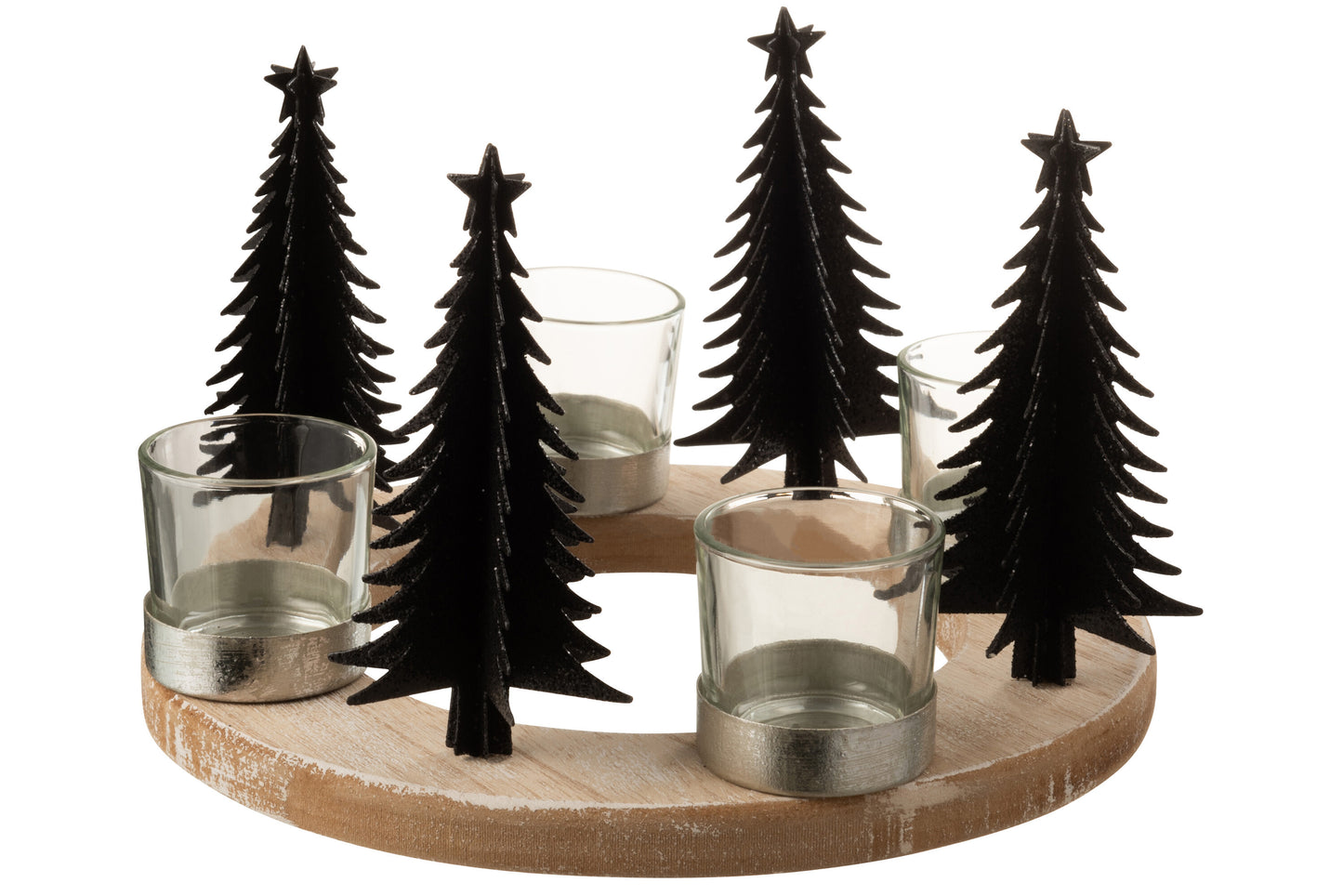 TEALIGHT HOLDER CHRISTMAS ROUND WOOD/METAL BLACK