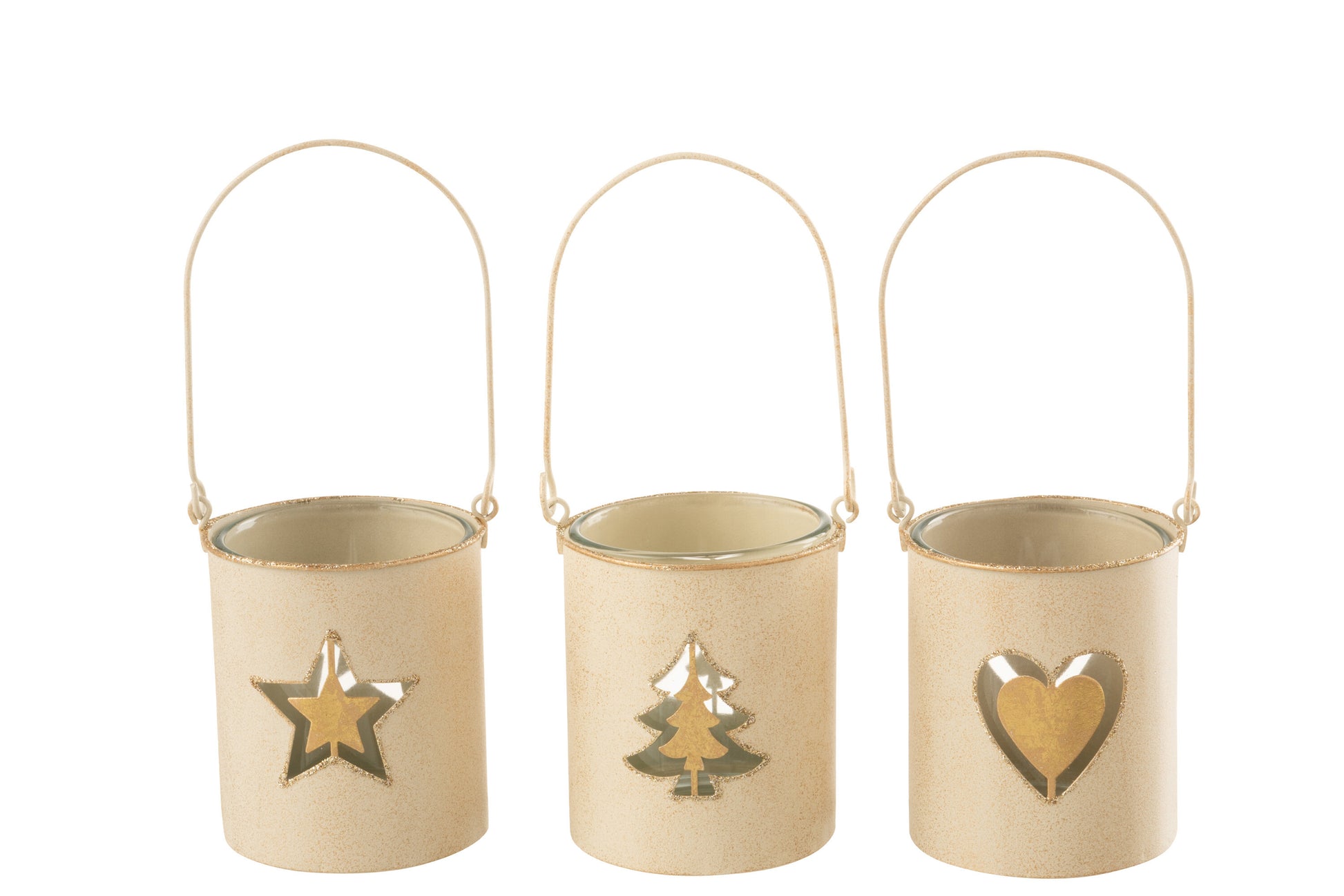 TEALIGHT HOLDER HEART/STAR/CHRISTMAS TREE METAL BEIGE GLITTER GOLD ASSORTMENT OF 3