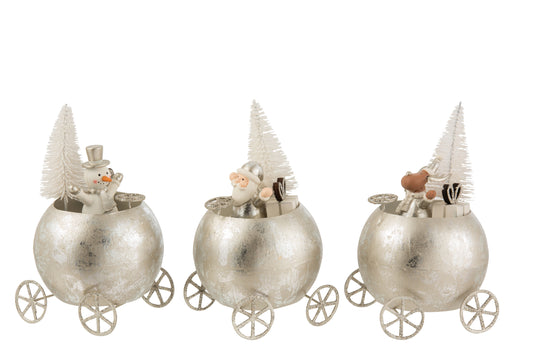 REINDEER/SANTA CLAUS/SNOWMAN IN BALL CAR METAL SILVER/WHITE ASSORTMENT OF 3