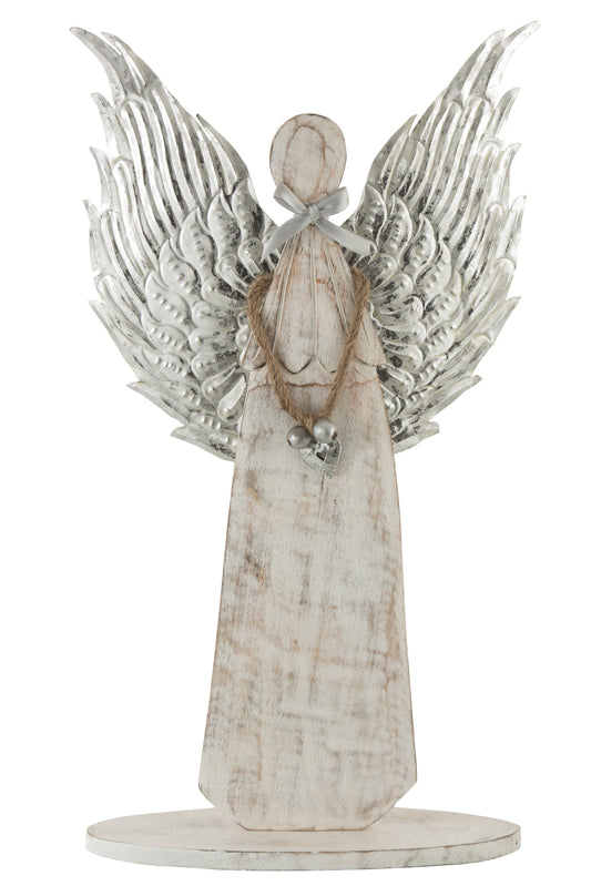 FIGURE ANGEL/WINGS WOOD/METAL WHITE WASH SILVER L