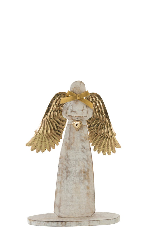 FIGURE ANGEL/WINGS WOOD/METAL WHITE WASH GOLD M