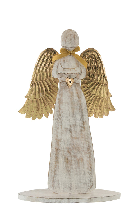 FIGURE ANGEL/WINGS WOOD/METAL WHITE WASH GOLD L