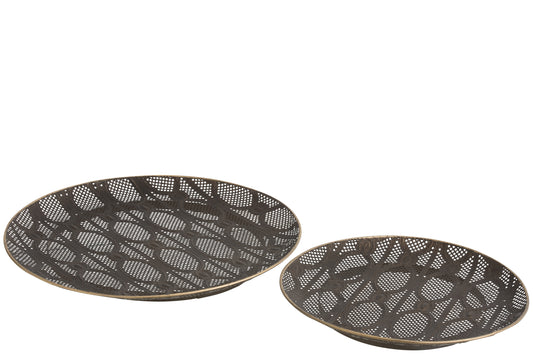 SET 2 TRAYS ROUND TARA METAL ANTIQUE BROWN