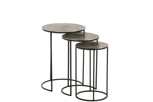 SET OF 3 SIDE TABLES ROUND ALUMINIUM BLACK/GREY