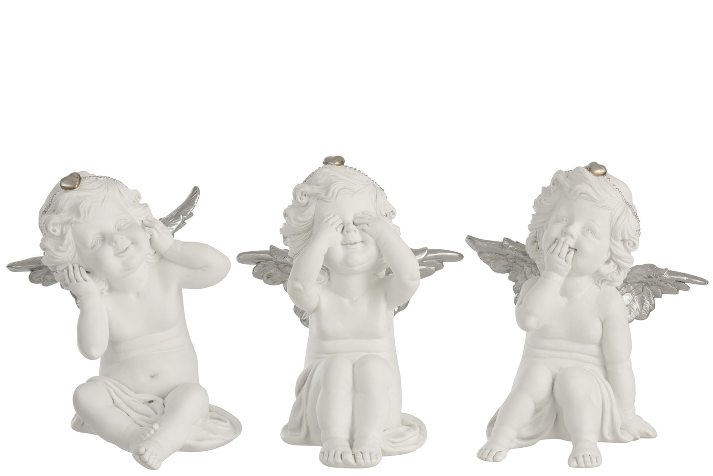 ANGEL HEAR/SEE/SPEAK NO EVIL POLY WHITE/SILVER LARGE ASSORTMENT OF 3