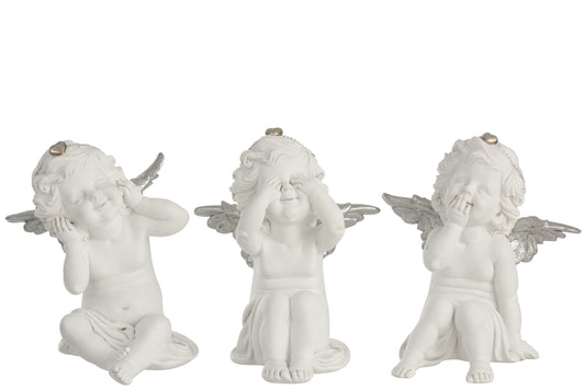 ANGEL HEAR/SEE/SPEAK NO EVIL POLY WHITE/SILVER LARGE ASSORTMENT OF 3