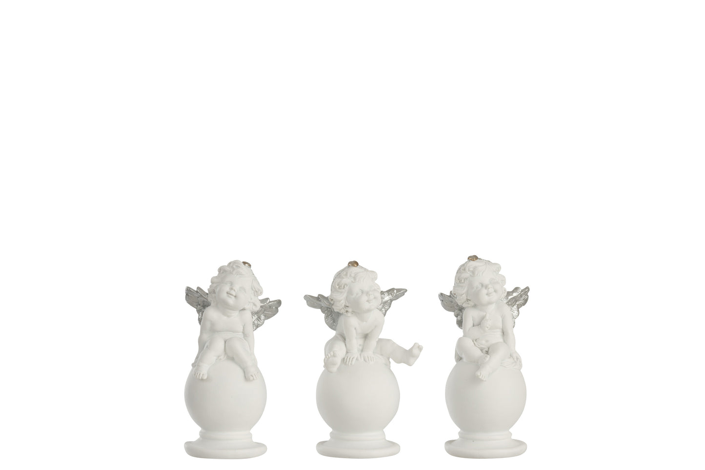 ANGEL ON BALL POLY WHITE/SILVER SMALL ASSORTMENT OF 3