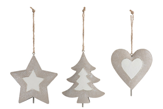 HANGER HEART/STAR/TREE METAL GREYBROWN ASSORTMENT OF 3