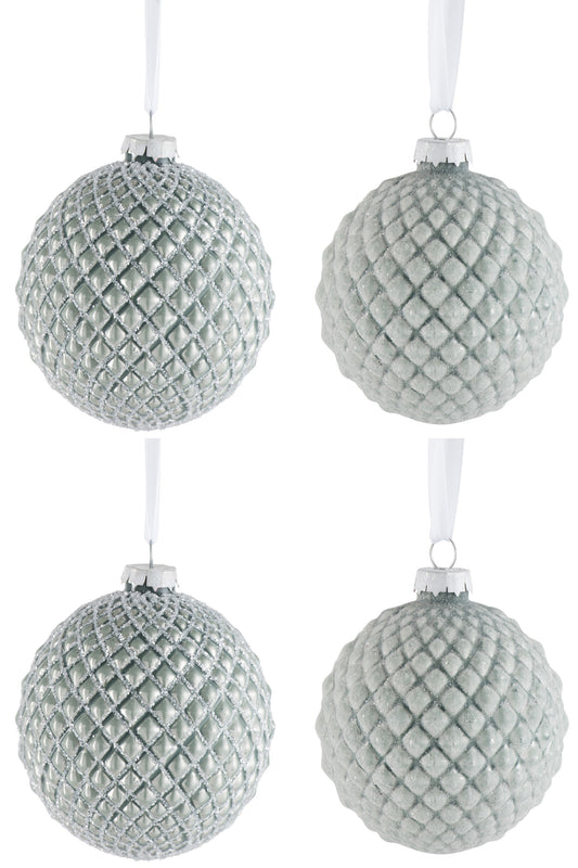 BOX OF 4 CHRISTMAS BALL 2+2 WAFFLE GLASS ICE GREEN/WHITE