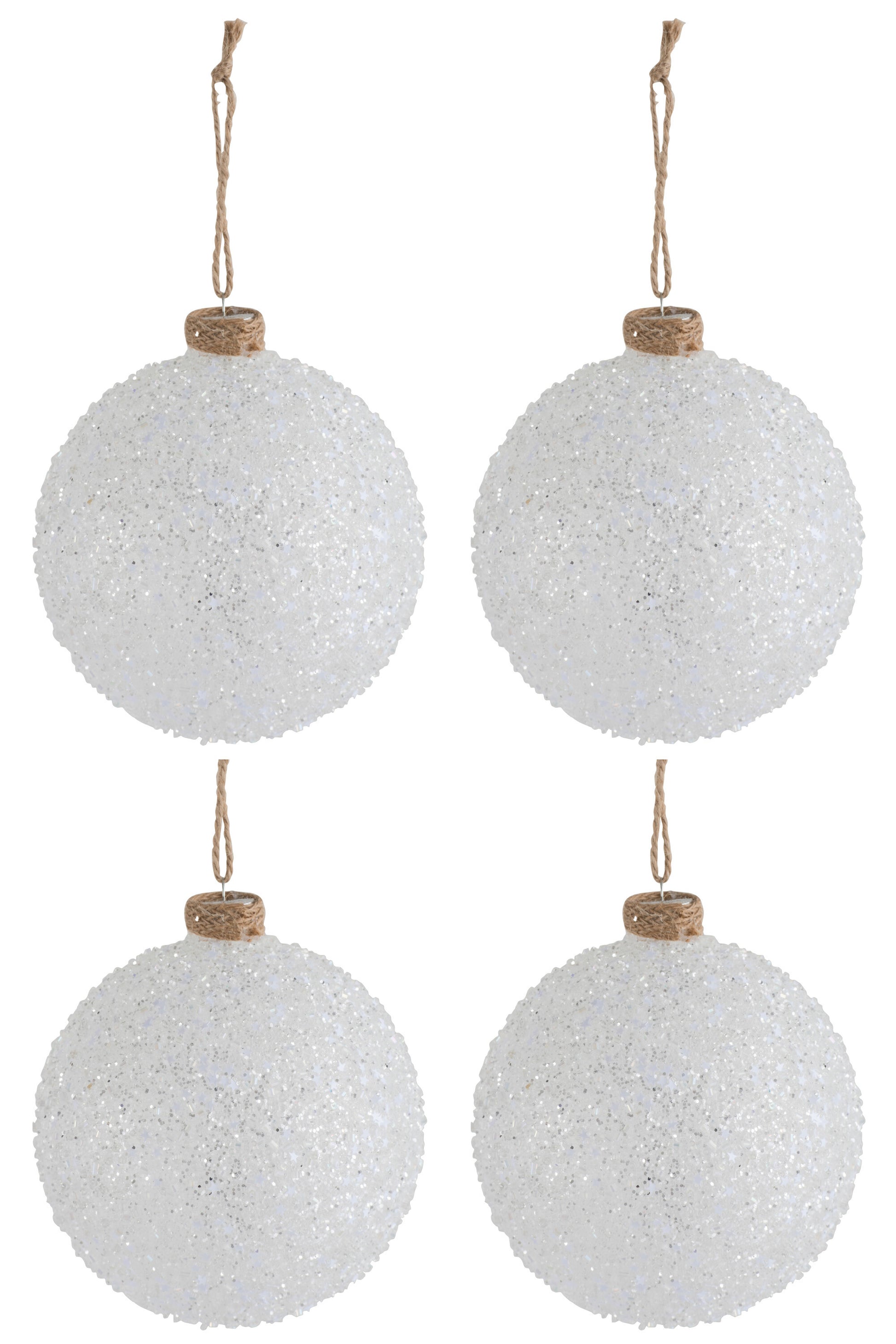 BOX OF 4 CHRISTMAS BALL STAR GLITTER WHITE/JUTE MEDIUM