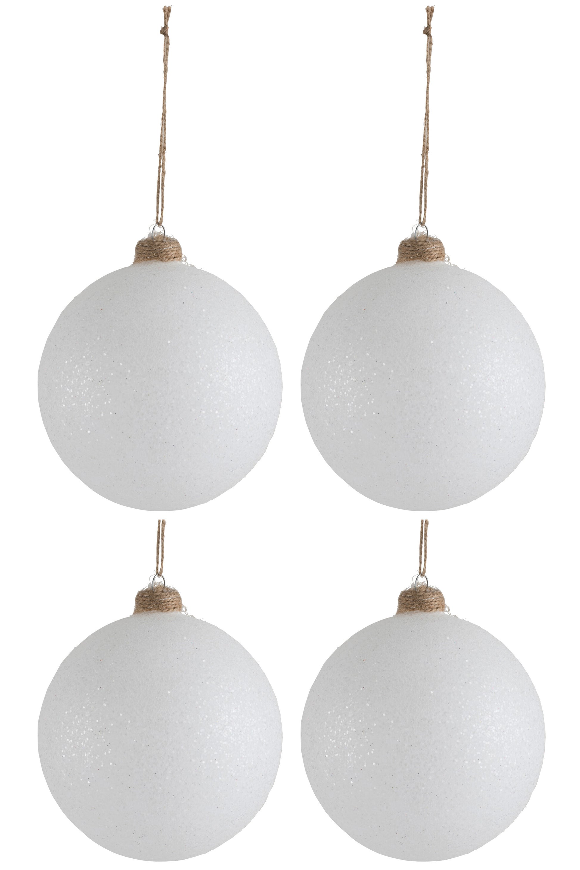 BOX OF 4 CHRISTMAS BALL GLITTER GLASS WHITE/JUTE LARGE