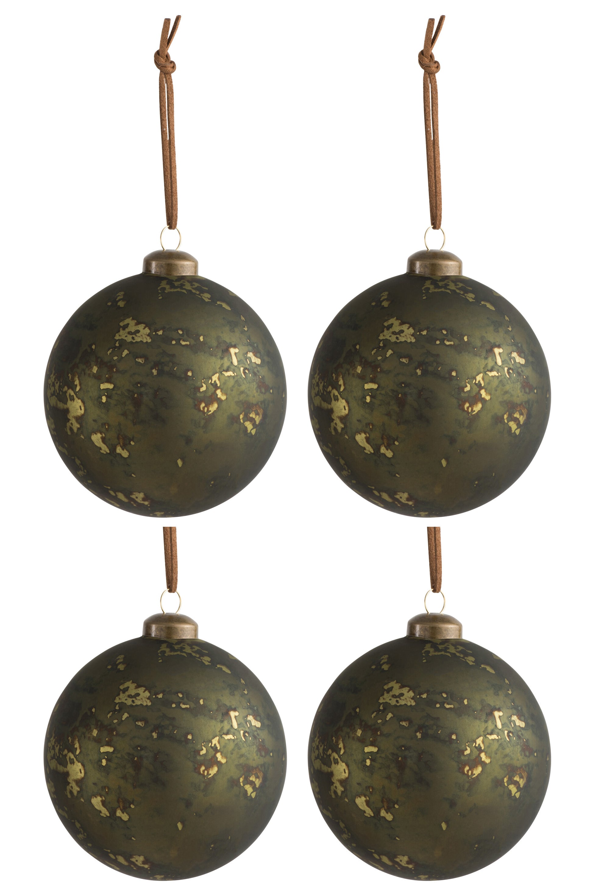 BOX OF 4 CHRISTMAS BAUBLES GLASS ANTIQUE KHAKI GREEN MEDIUM