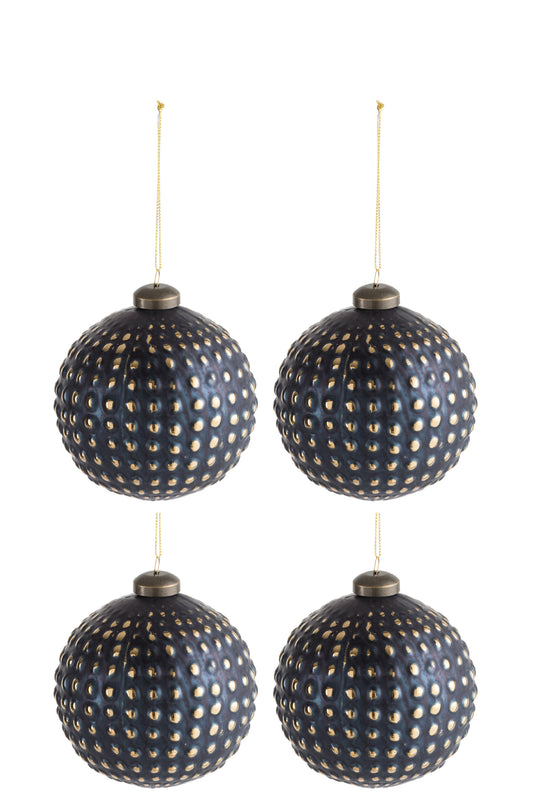 BOX OF 4 CHRISTMAS BALL BALLS GLASS BLUE/GOLD MEDIUM