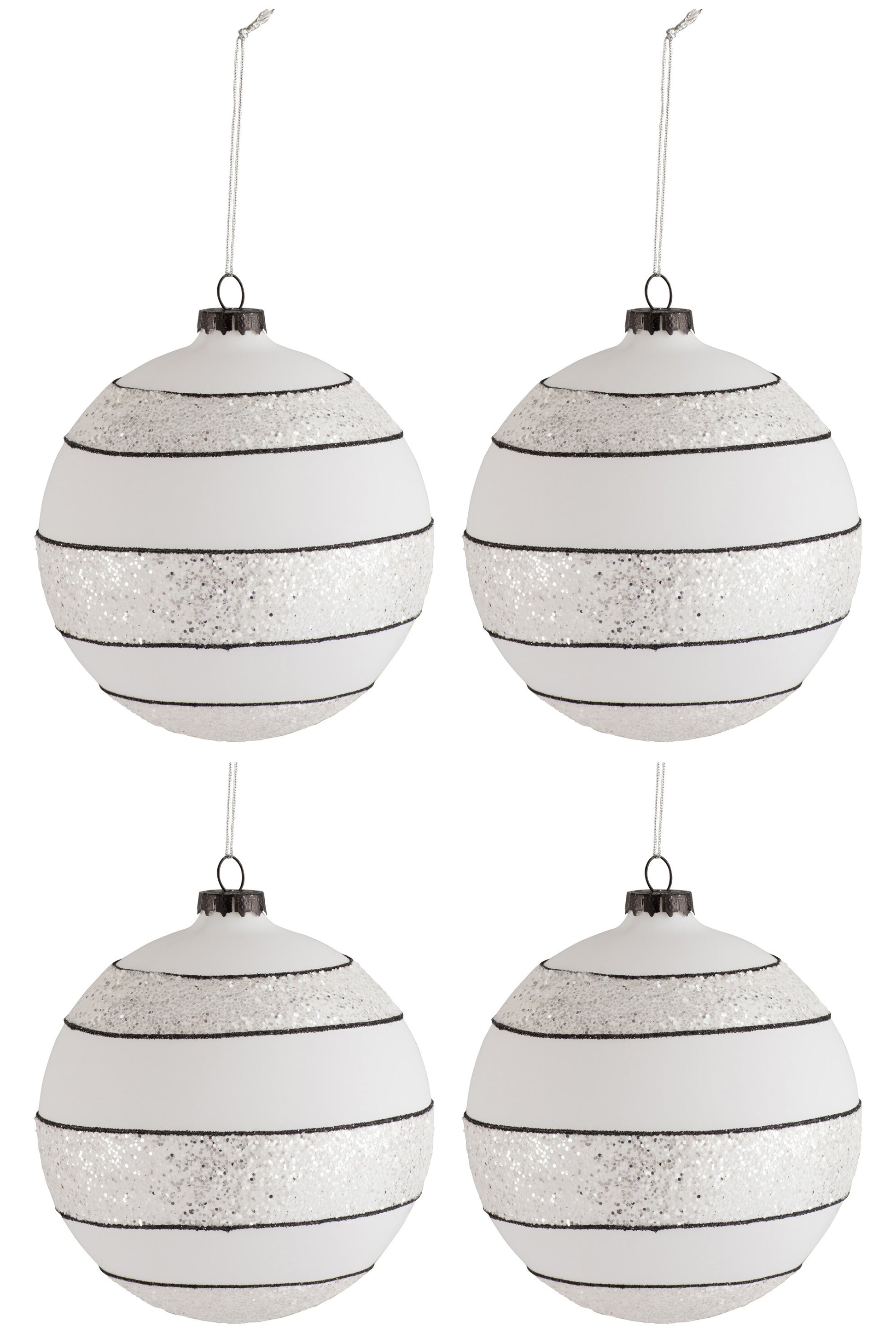 BOX OF 4 CHRISTMAS BALL STRIPES/GLITTER GLASS BLACK/WHITE LARGE