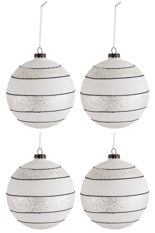 BOX OF 4 CHRISTMAS BALL STRIPES/GLITTER GLASS BLACK/WHITE LARGE