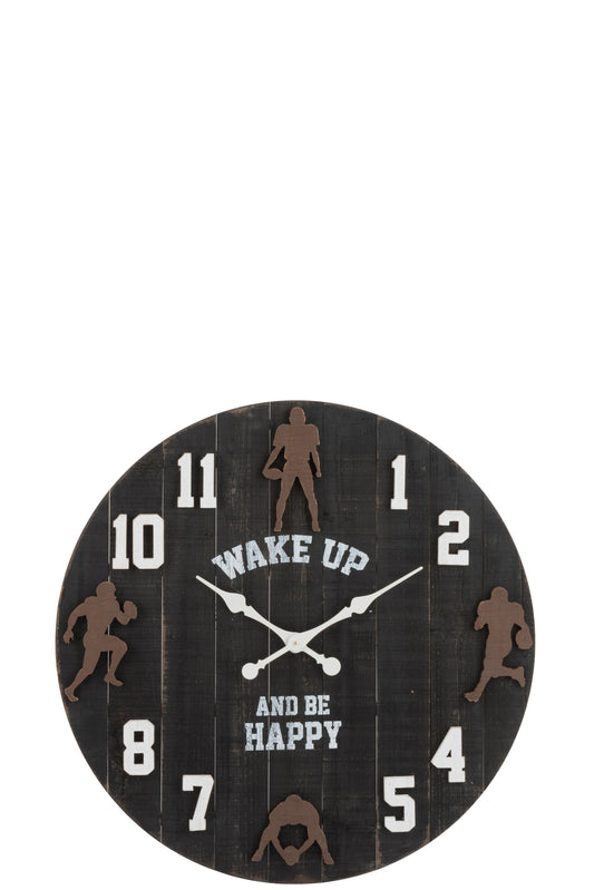 CLOCK ROUND AMERICAN FOOTBALL WOOD BLACK/BROWN/WHITE