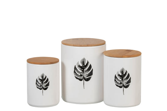 SET OF 3 STORAGE JARS LEAF DOLOMITE/BAMBOO WHITE/BLACK