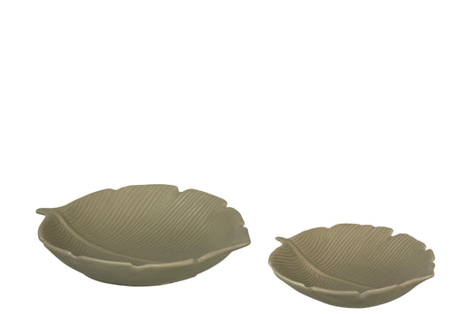 SET OF 2 DISHES LEAF ROUND PORCELAIN GREEN