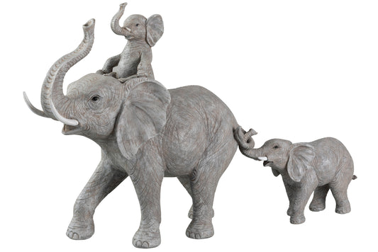 ELEPHANT STANDING WITH CHILD ON BACK POLYRESIN GREY