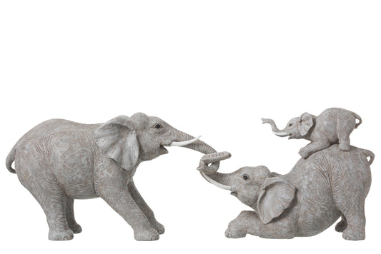 ELEPHANTS PULLING WITH CHILD POLYRESIN GREY