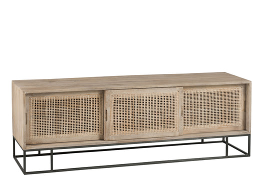 TV CABINET 3SLIDING DOORS WOVEN REED MANGO WOOD NATURAL