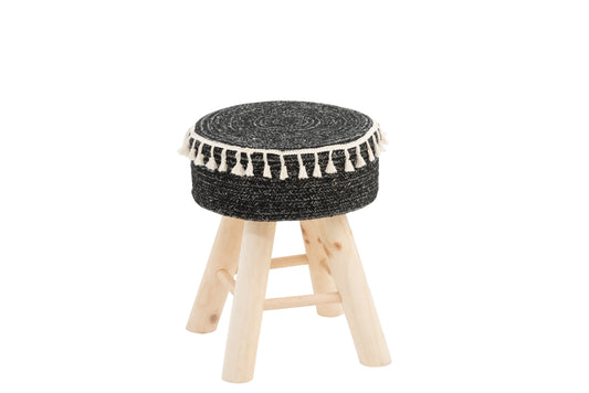 STOOL ROUND WOOD/JUTE BLACK