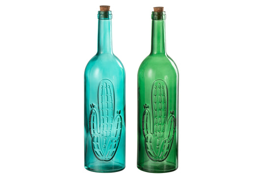 BOTTLE CACTUS DECORATIVE GLASS/CORK GREEN/BLUE ASSORTMENT OF 2