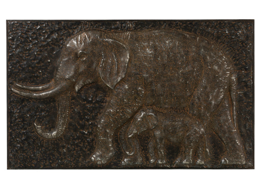 WALL DECORATION 2 ELEPHANTS RECTANGULAR METAL DARK BROWN