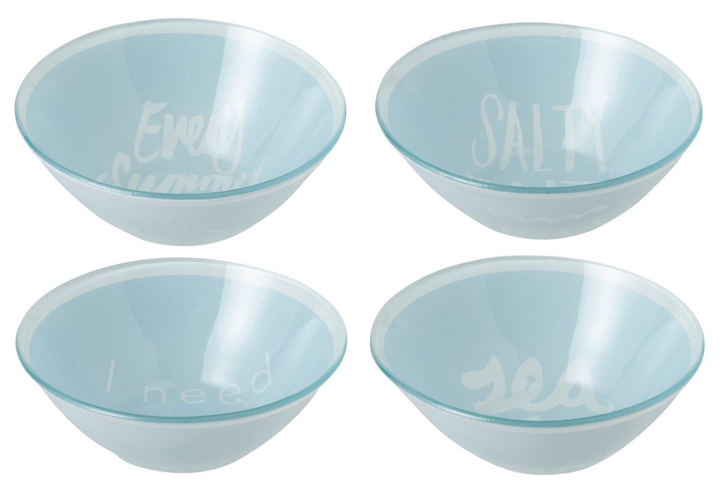 BOWL VITAMIN SEA/SALTY BUT SWEET/EVERY SUMMER HAS A STORY/SEA YOU SOON ROUND GLASS LIGHT BLUE/WHITE LARGE ASSORTMENT OF 4