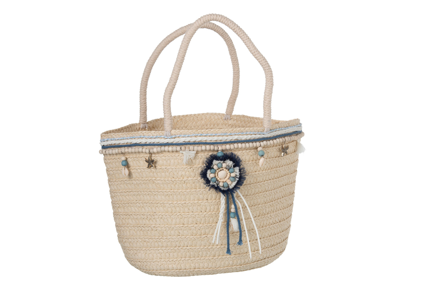 BEACH BAG PEARLS TASSEL BLUE/ECRU