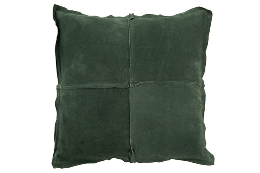 CUSHION SQUARE GREEN LEATHER/LINEN