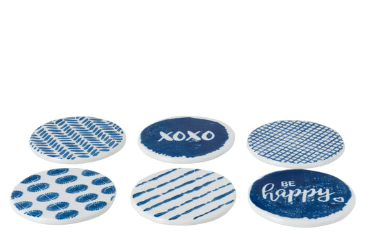 BOX OF 6 COASTERS PRINT PORCELAIN BLUE/WHITE