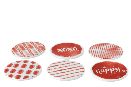 BOX OF 6 COASTERS PRINT PORCELAIN RED/WHITE