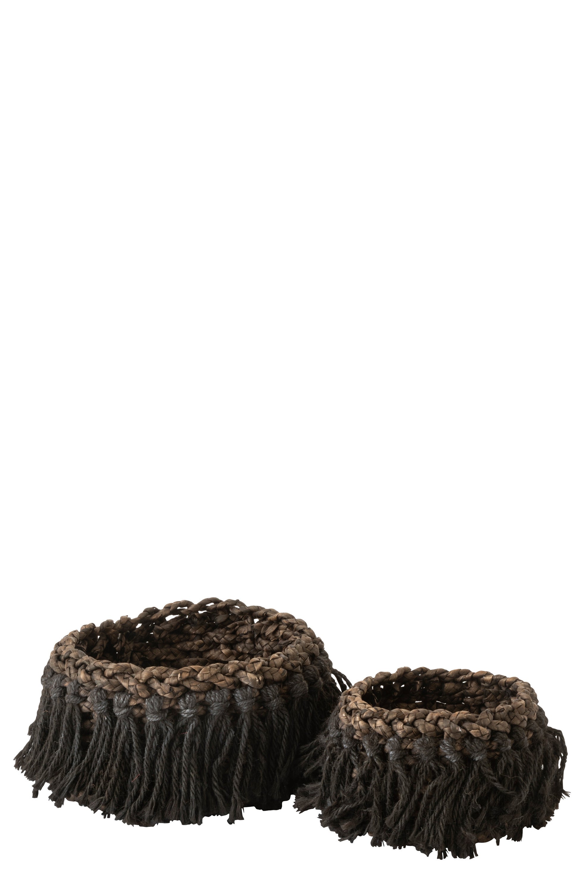 SET OF 2 BASKETS+TASSELS LOW WOVEN GRASS DARK BROWN