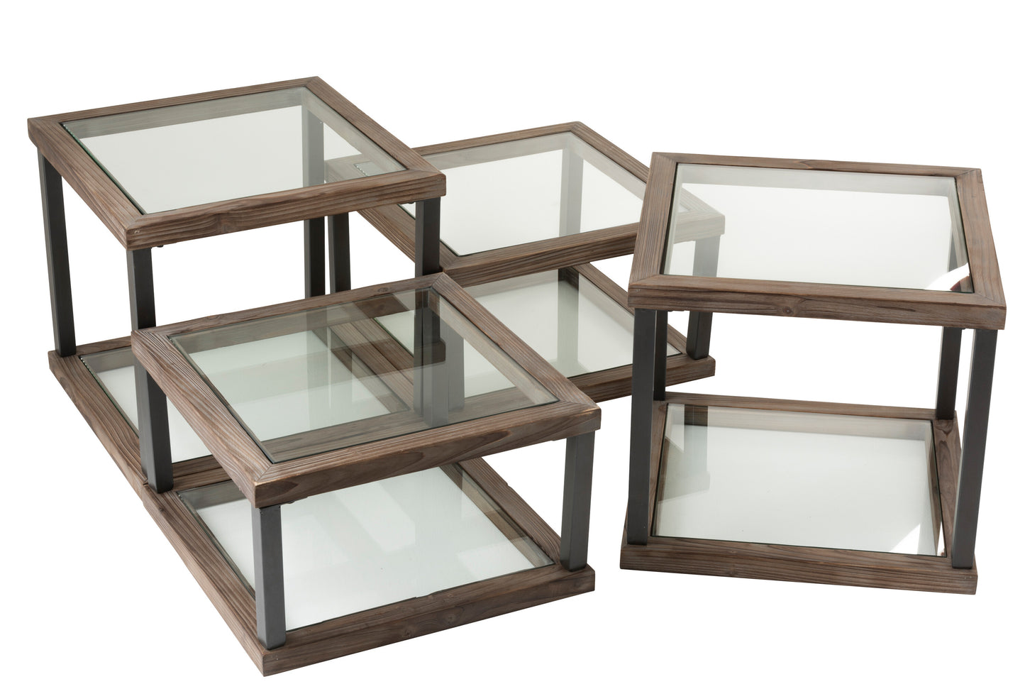 SET OF 4 COFFEE TABLES WOOD/GLASS BROWN