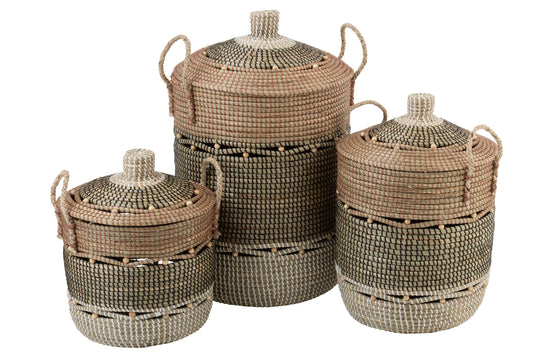 SET OF 3 BASKETS+LID ROUND ASLI SEAGRASS NATURAL/BLACK/BROWN