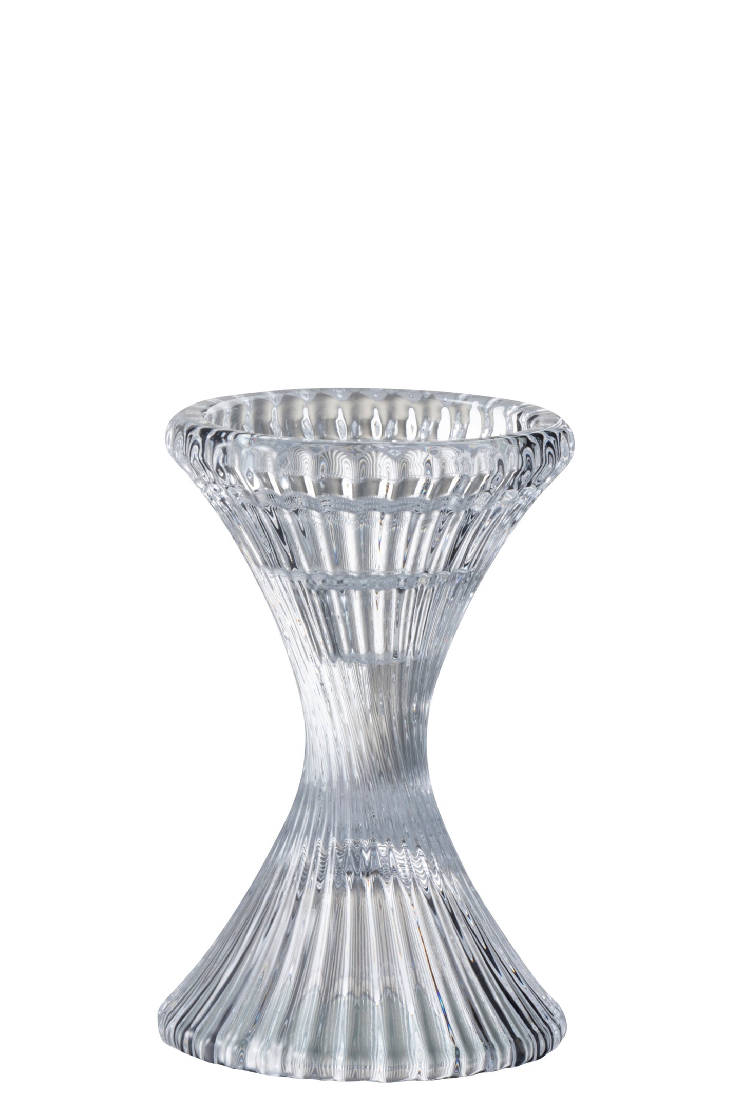 CANDLESTICK/CANDLE HOLDER RIBBED ROUND GLASS TRANSPARENT LARGE