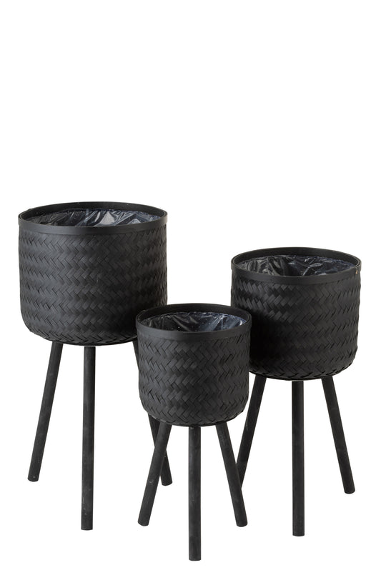 SET 3 FLOWERPOT HOLDERS 3 LEGS BAMBOO/PLASTIC BLACK