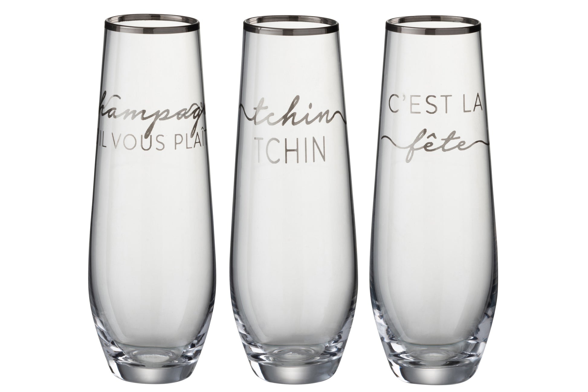 DRINKING GLASS TEXT FRENCH RIM GLASS TRANSPARENT/SILVER ASSORTMENT OF 3