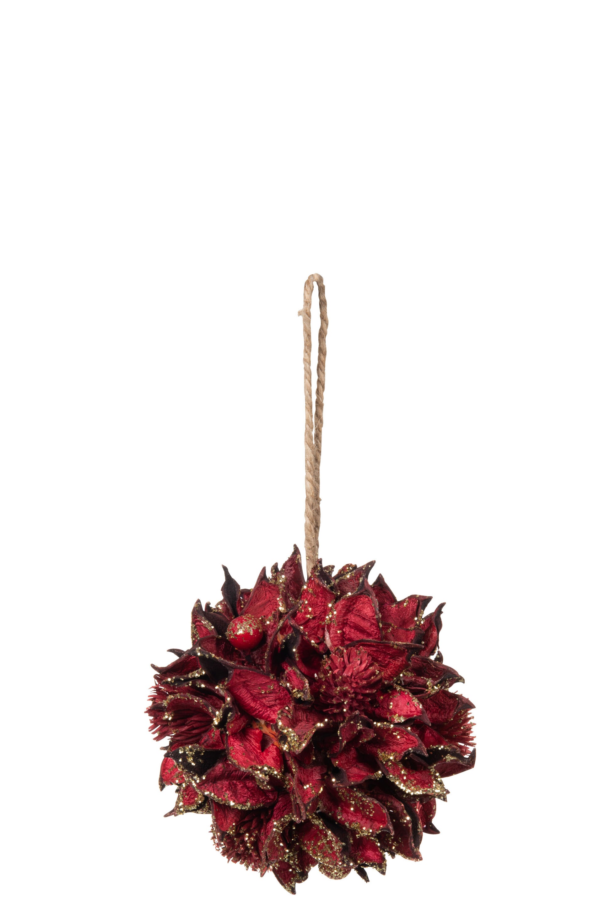 BALL HANGING LEAF DEEP RED/GLITTER GOLD