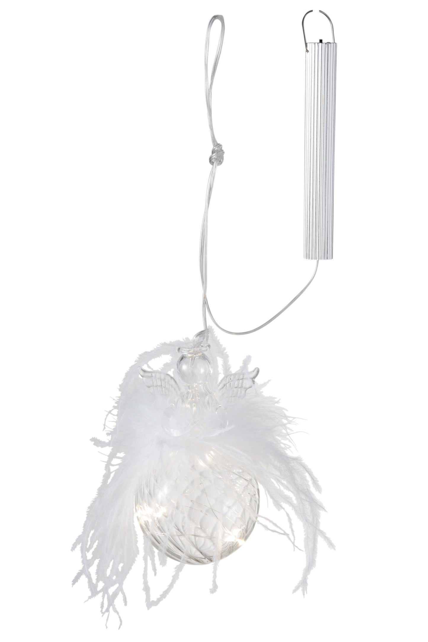 CHRISTMAS BAUBLES ANGEL+LED+FEATHER GLASS CLEAR SMALL